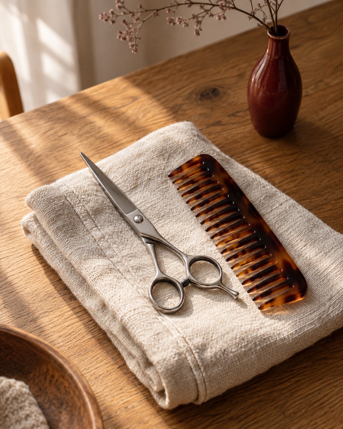 Haircutting scissors and a comb on soft linen in warm window light